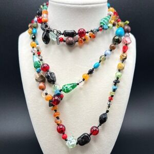 Extra Long Art Glass Necklace Multicolor Beaded 64 in Boho Statement Eclectic